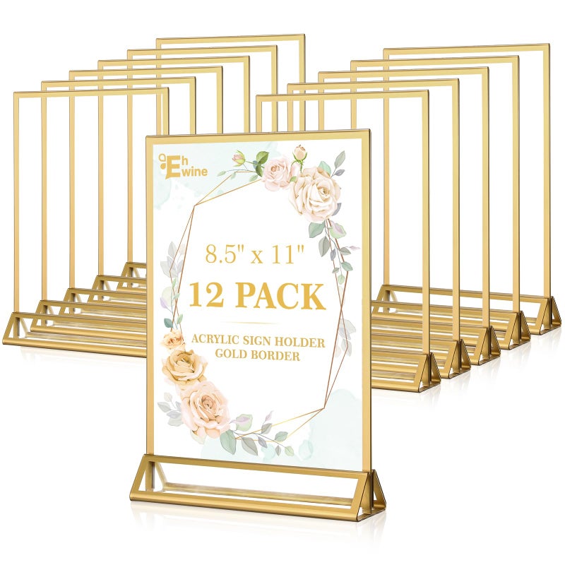EHWINE 12 Pack Acrylic Sign Holder 8.5 x 11, Double Sided Gold Picture Frame Stand up Table Top Sign Holders, Clear Display Stand Menu Flyer Holder for Wedding Party (Provide Non-slip Mats) - Image 1